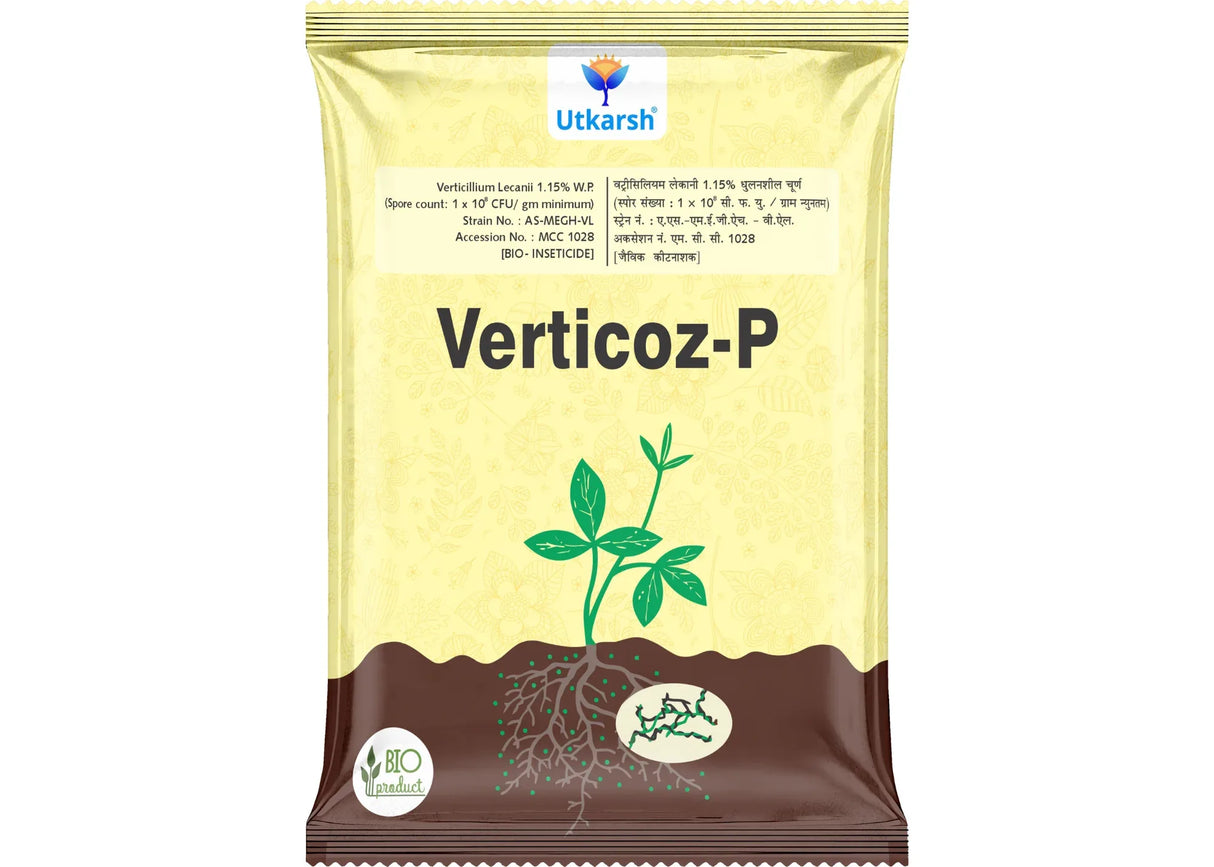 Verticillium Lecanii 1.15% W.P. 1 x 10 ^ 8 CFU/gm min. Bio Insecticides for Plants, Crops and Home Gardening - Verticoz-P - Utkarsh Agrochem Pvt ltd.