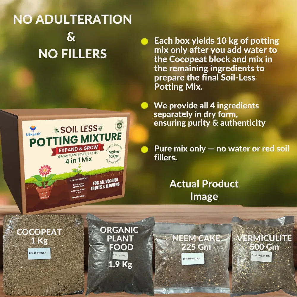 10Kg Soil Less 4 in 1 Potting Mixture - Cocopeat, Exfoliated Vermiculite, Neem Khad, Organic Plant Food | Pot Mix for Home Gardening or Terrace Garden - Utkarsh Agrochem Pvt ltd.