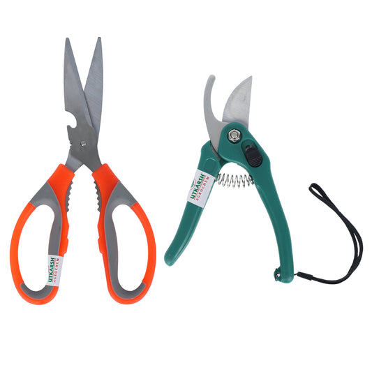 Utkarsh Garden Scissors & Bypass Pruner Cutters|Rust-free Garden Plant Tools for Cutting, Pruning|Handy Tools for Indoor/Outdoor Gardens, Small Farms|Set of 2 Tools
