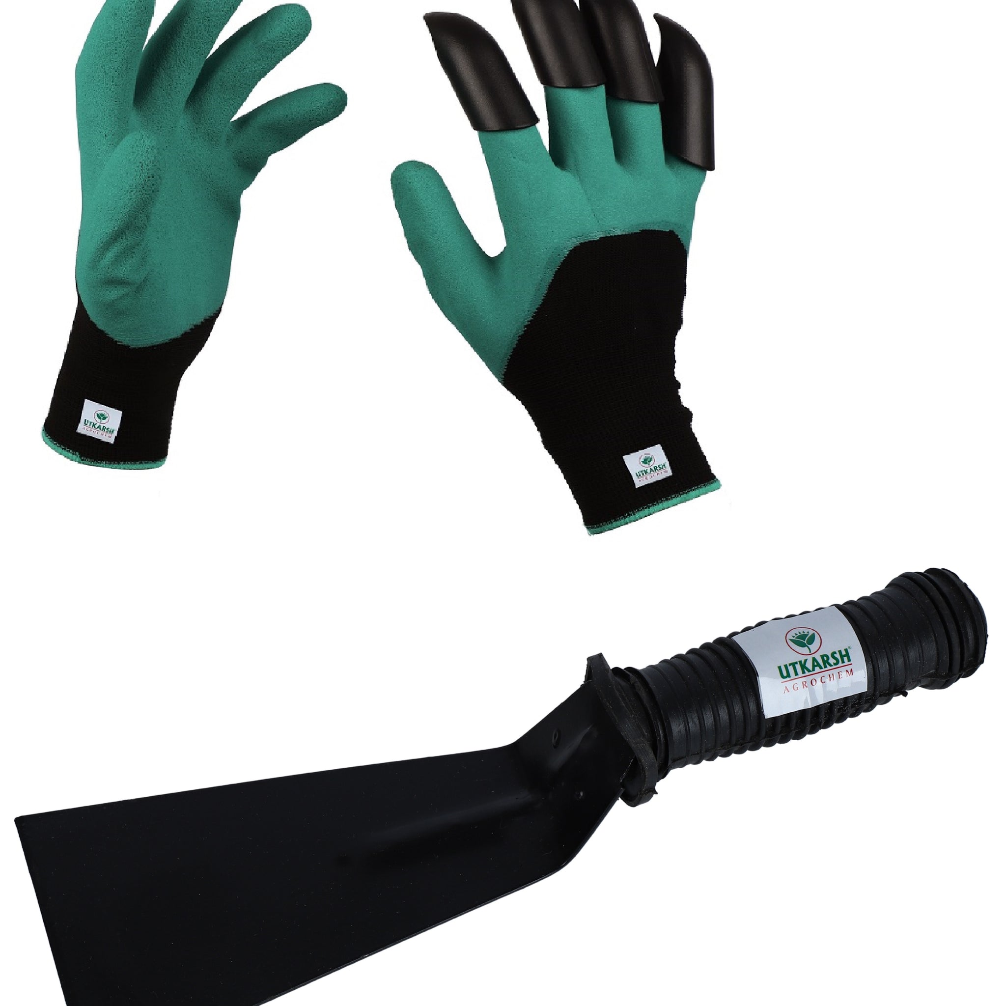 Utkarsh 3 inch Khurpi & Gloves with Right Hand Fingertip ABS Claws for Home Gardening Tools Kit | Essential Handy Planting Tools - Spade for Soil Digging | Terrace Garden Accessories - Set of 2 Items