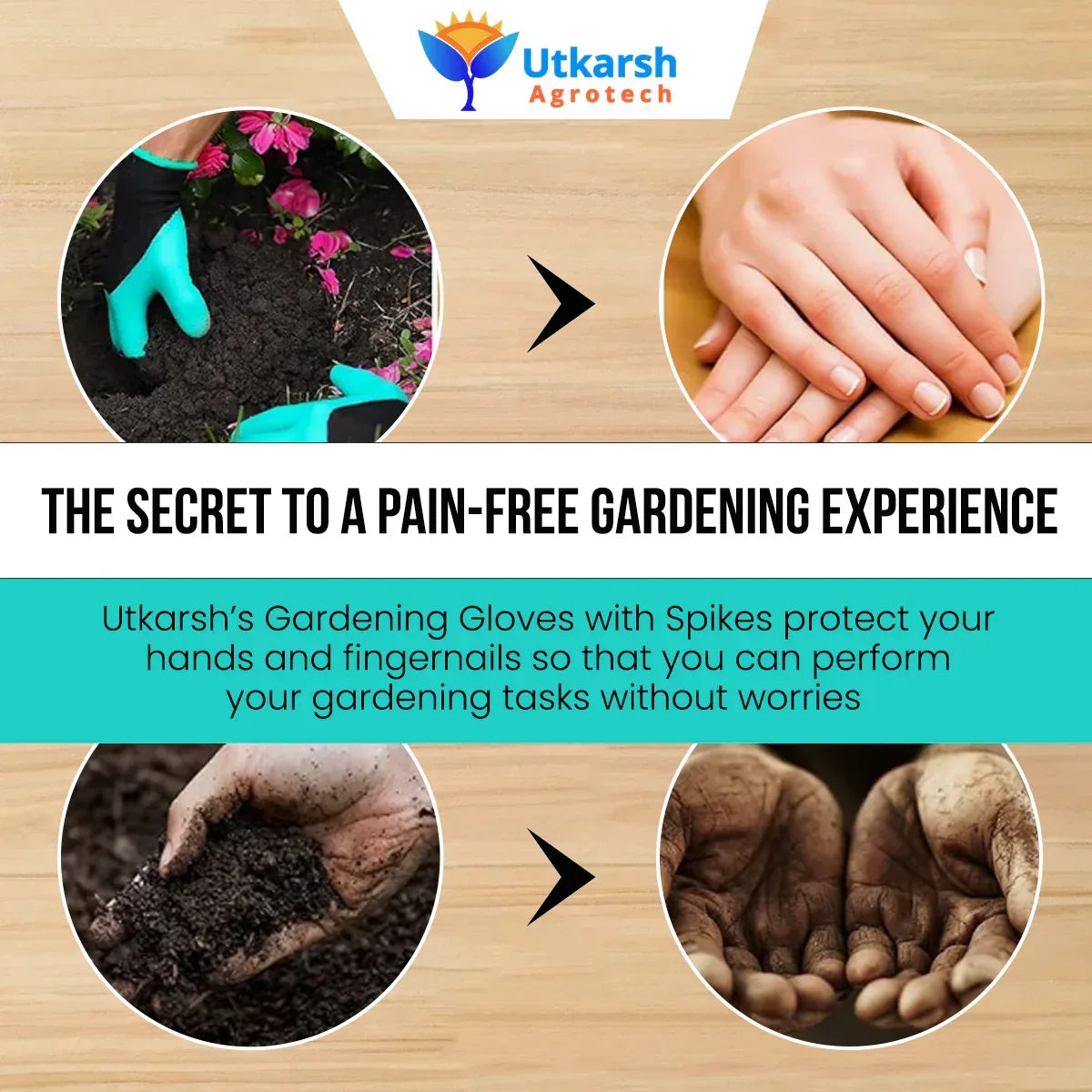 Essential Gardening Hand Tools - 7 pieces | Gardening Tool Set Combo | Durable Home Garden Tool Kit for Soil | Cultivator, Big and Small Trowel, Weeder, Fork, 3 inch Khurpi & ABS Garden Gloves - Utkarsh Agrochem Pvt ltd.
