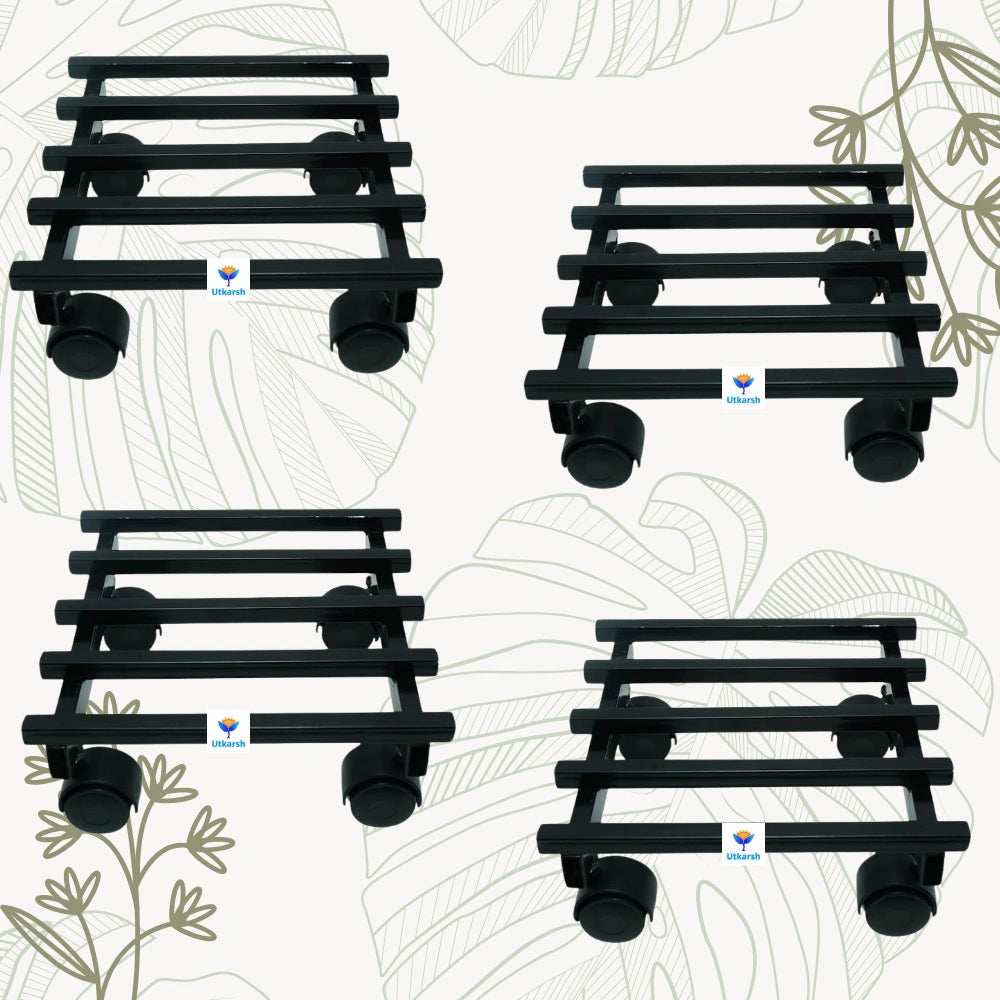 Metal Plant Stand with Wheels | Heavy Duty Pot Holder For Home, Balcony & Garden | Square Metal Flower Pot Trolley For Indoor Outdoor Use | Black