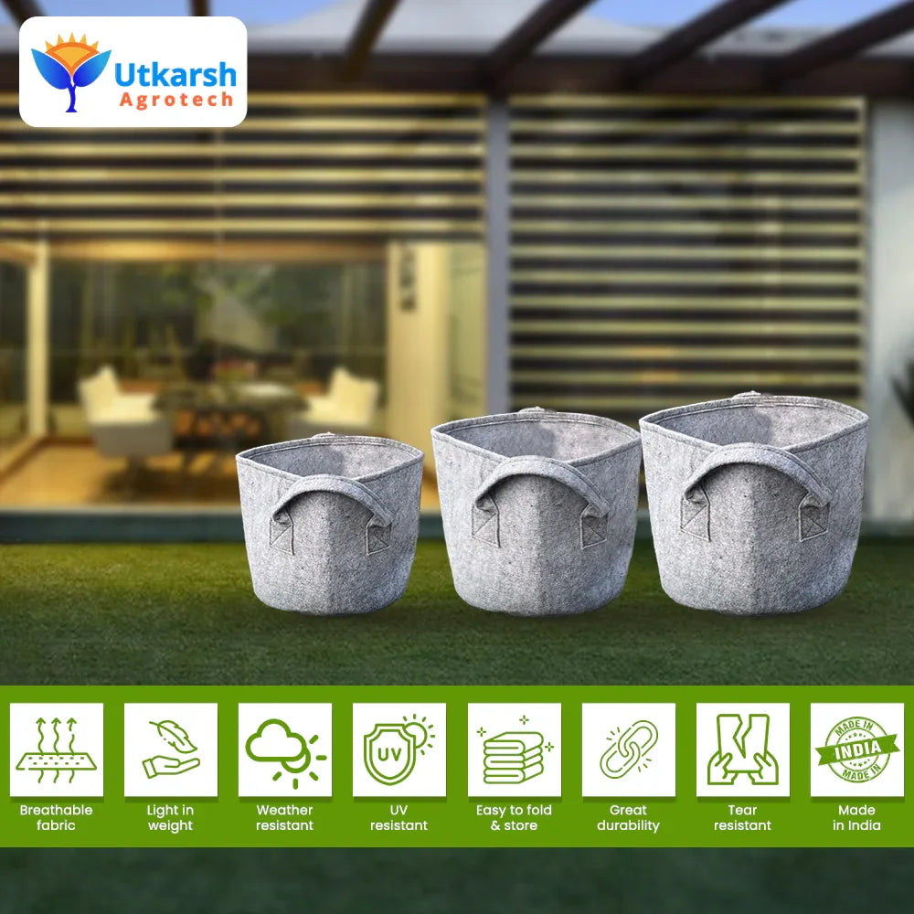 400 GSM Geotextile Fabric Growbags- Light Grey, Pack of 3 - Utkarsh Agrochem Pvt ltd.