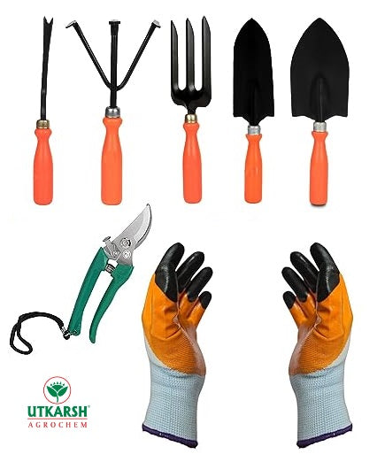 Utkarsh Garden Bypass Pruner Cutters, Gloves & Garden Tools (Set of 5-Big and Small Hand Trowels, Hand i-Weeder, Hand Cultivator, Hand Fork)|Handy Tools for Indoor / Outdoor Gardens, Small Farms|Set of 7 Items