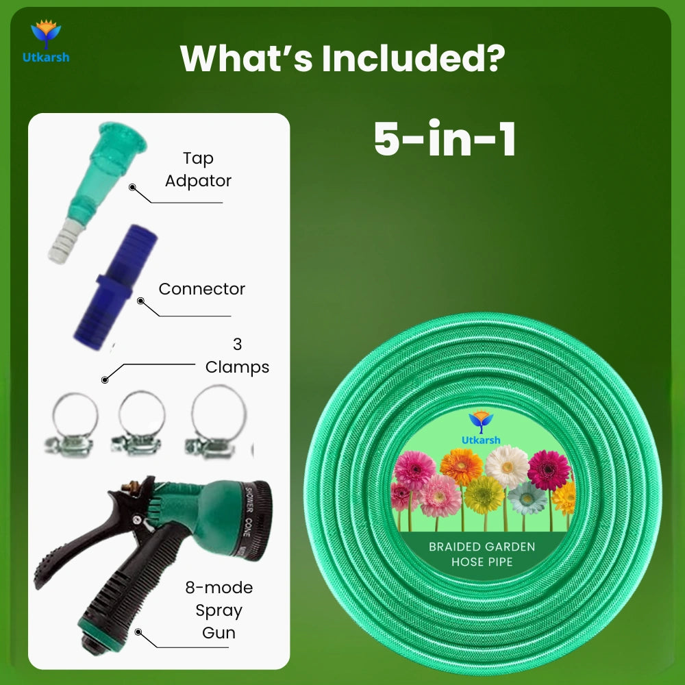 Heavy Duty PVC Braided Green Water Hose Pipe - 0.5 inch Diameter, with 8-Mode Spray Gun, 1 Tap Adapter, Connector & 3 Clamps for Garden, Car Wash, Floor Clean, Pet Bath, Indoor/Outdoor