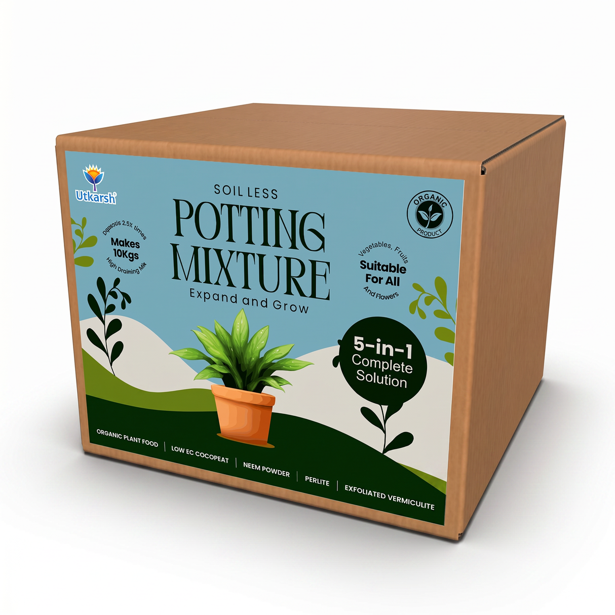Utkarsh 5-in-1 Soil Less Potting Mixture- Makes 10Kg Fluffy Soil for Plants Home Garden | 3.75 Kg Dry Items- Cocopeat, Vermiculite, Neem Khad, Organic Compost & Perlite - Potting Soil Mix for Plants