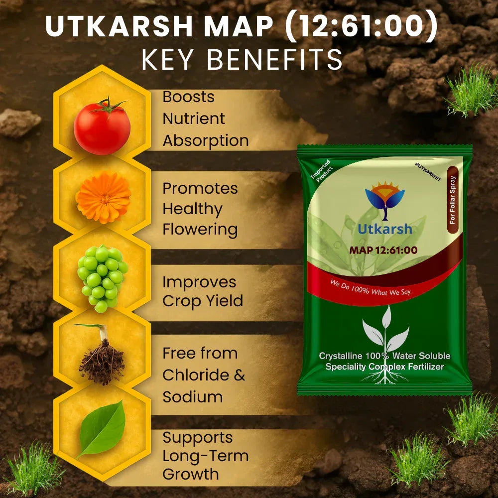 MAP 12 61 00 - Mono Ammonium Phosphate, NPK Fertilizers for Plants Growth & Home Garden | 100% Water Soluble Powder, Foliar Spray Nutrition - 25 Kg Bag - Utkarsh Agrochem Pvt ltd.