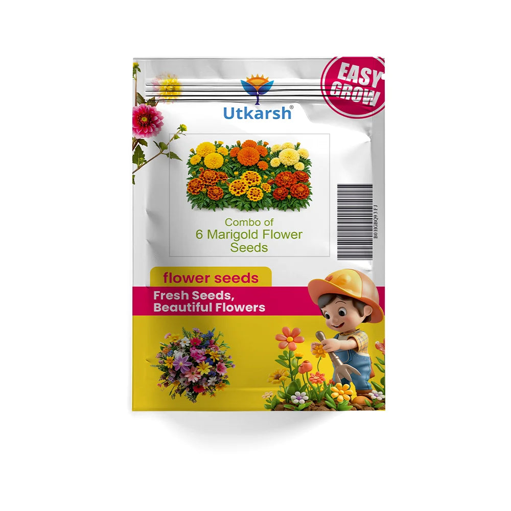 Marigold Flower Seeds – 6 Varieties Combo | All-Season Planting Seeds | Beautiful Mixed Marigold Flowers for Home, Balcony, Terrace & Garden