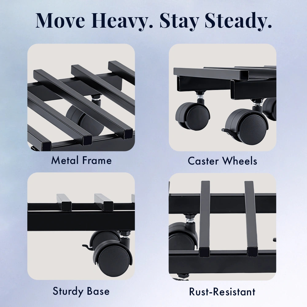 Metal Plant Stand with Wheels | Heavy Duty Pot Holder For Home, Balcony & Garden | Square Metal Flower Pot Trolley For Indoor Outdoor Use | Black
