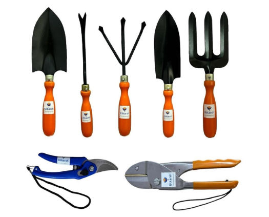 Utkarsh German Bypass Pruner Cutters, Anvil Roll-Cut Pruner Secateurs, Garden Tools (Set of 5-Big and Small Hand Trowels, Hand i-Weeder, Hand Cultivator, Hand Fork)| Handy Tools for Indoor/Outdoor Gardens, Small Farms|Set of 7 Tools