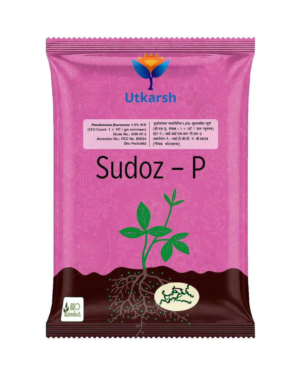 Pseudomonas Fluorescens 1.0% W.P. CFU Count: 1 x 10^8 / gm. min. Bio Fungicides for Plants, Crops and Home Gardening - Sudoz-P - Utkarsh Agrochem Pvt ltd.