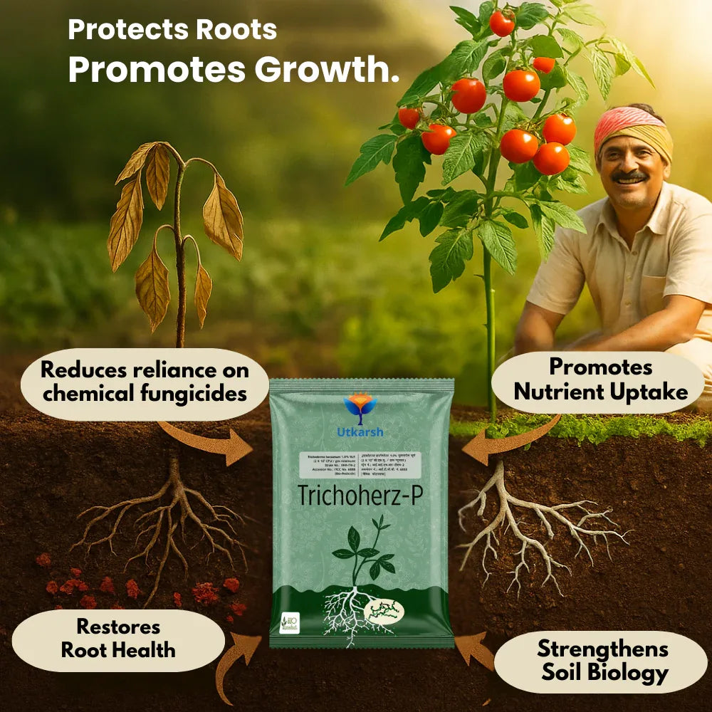 Trichoderma Harzianum 1% WP 2 x 10^6 CFU/gm min. Bio Fungicides for Plants, Crops and Home Gardening - Trichoherz-P - Utkarsh Agrochem Pvt ltd.
