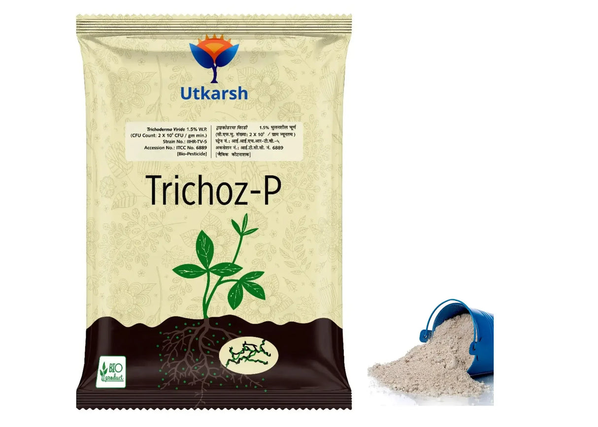 Trichoderma Viride 1.5% W.P.: 2 x 10^6 CFU/gm min. Bio Fungicide for Plants, Crops and Home Gardening - Trichoz-P - Utkarsh Agrochem Pvt ltd.