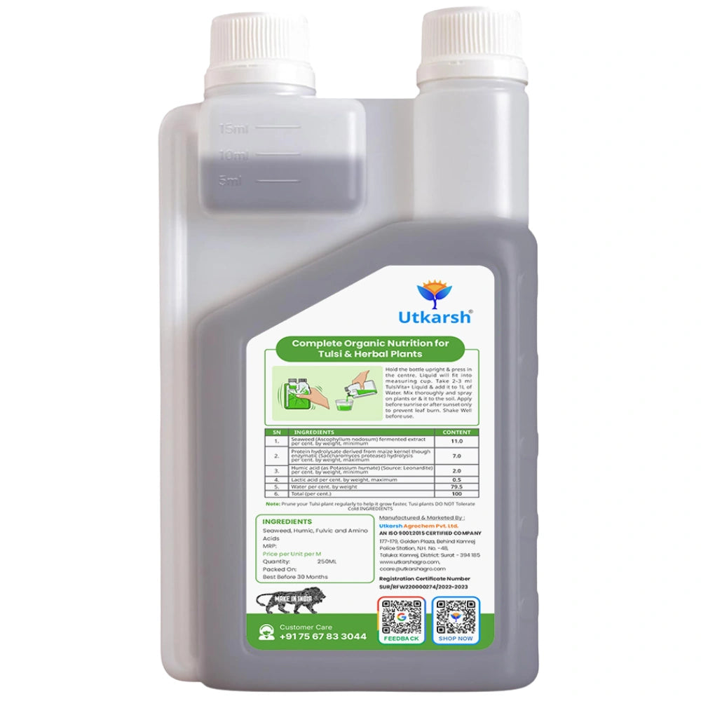 TulsiVita+ - Organic Liquid Potting Mixture for Tulsi Plants, 250 ml | Plant Growth Nutrients & Natural Fertilizer with Humic, Fulvic & Amino Acids & Seaweed for Healthy Growth & Flowering
