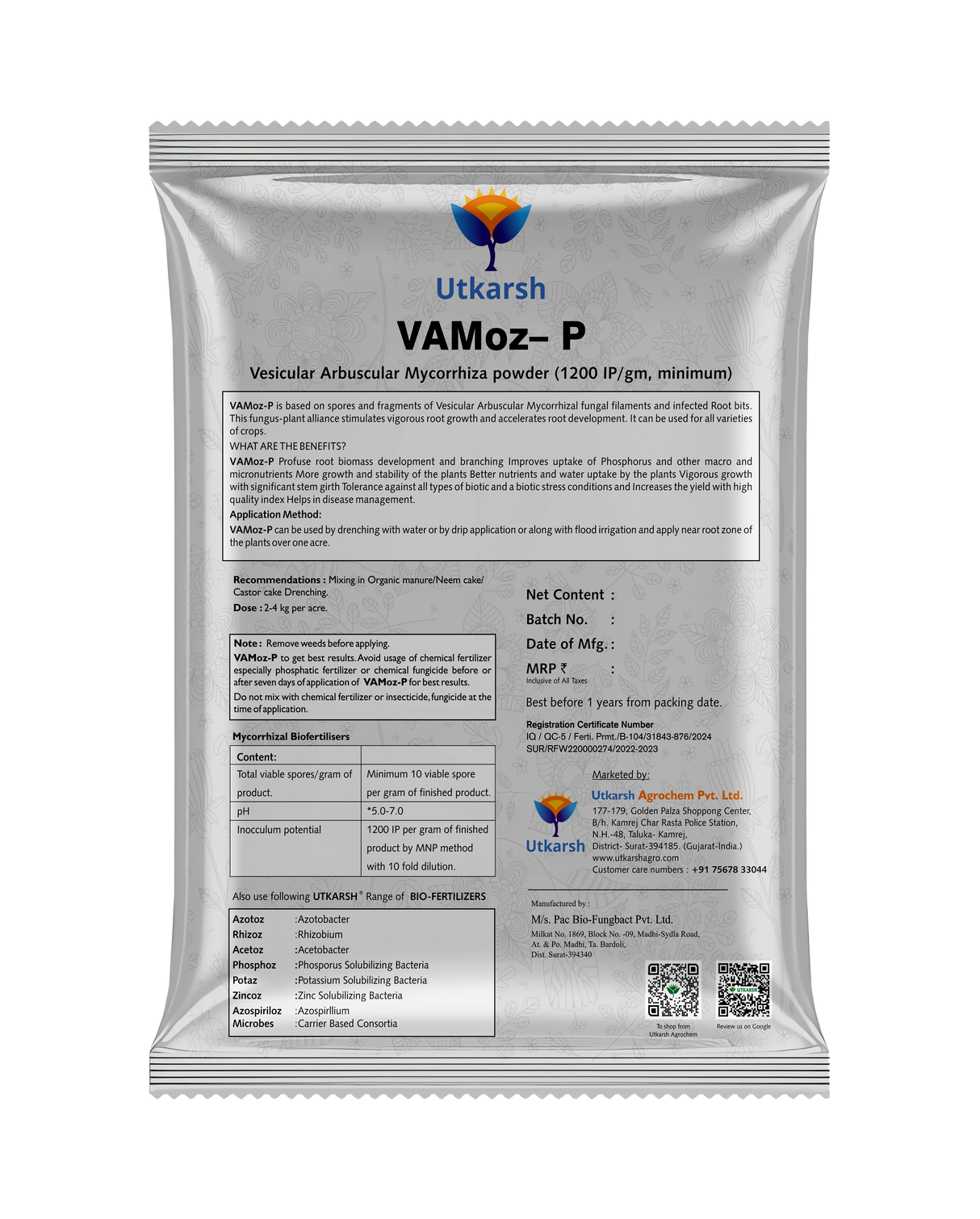 Mycorrhiza with 100 IP/gm, Bio Fertilizers for Healthy Plants, Vigorous Stem Girth, Enhances Nutrient Absorption, Water Uptake & Soil Aeration | VAMoz-P - Utkarsh Agrochem Pvt ltd.