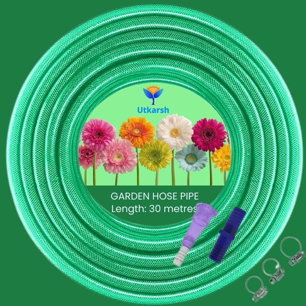 Heavy Duty PVC Braided Green Water Hose Pipe - 0.5 inch Diameter, with 1 Tap Adapter, Connector & 3 Clamps for Garden, Car Wash, Floor Clean, Pet Bath, Easy to Use Indoor/Outdoor