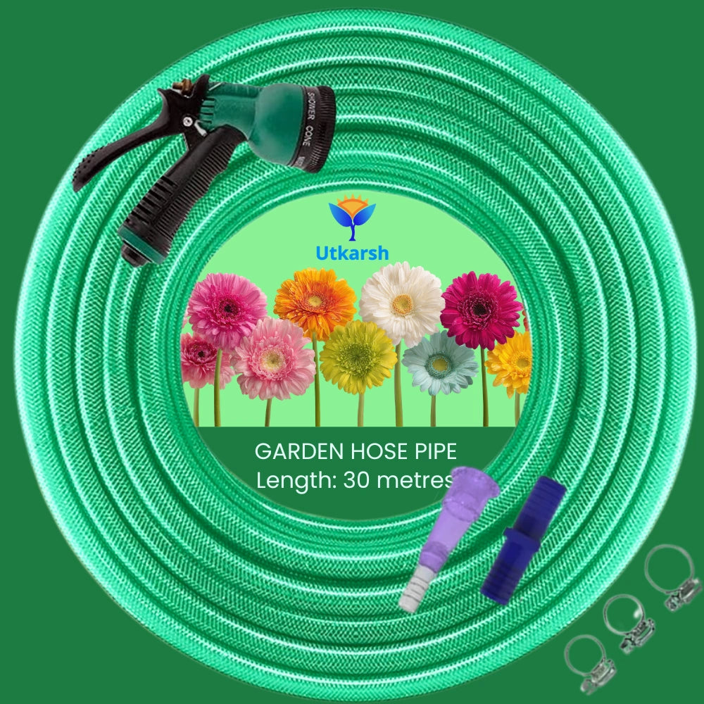 Heavy Duty PVC Braided Green Water Hose Pipe - 0.5 inch Diameter, with 8-Mode Spray Gun, 1 Tap Adapter, Connector & 3 Clamps for Garden, Car Wash, Floor Clean, Pet Bath, Indoor/Outdoor