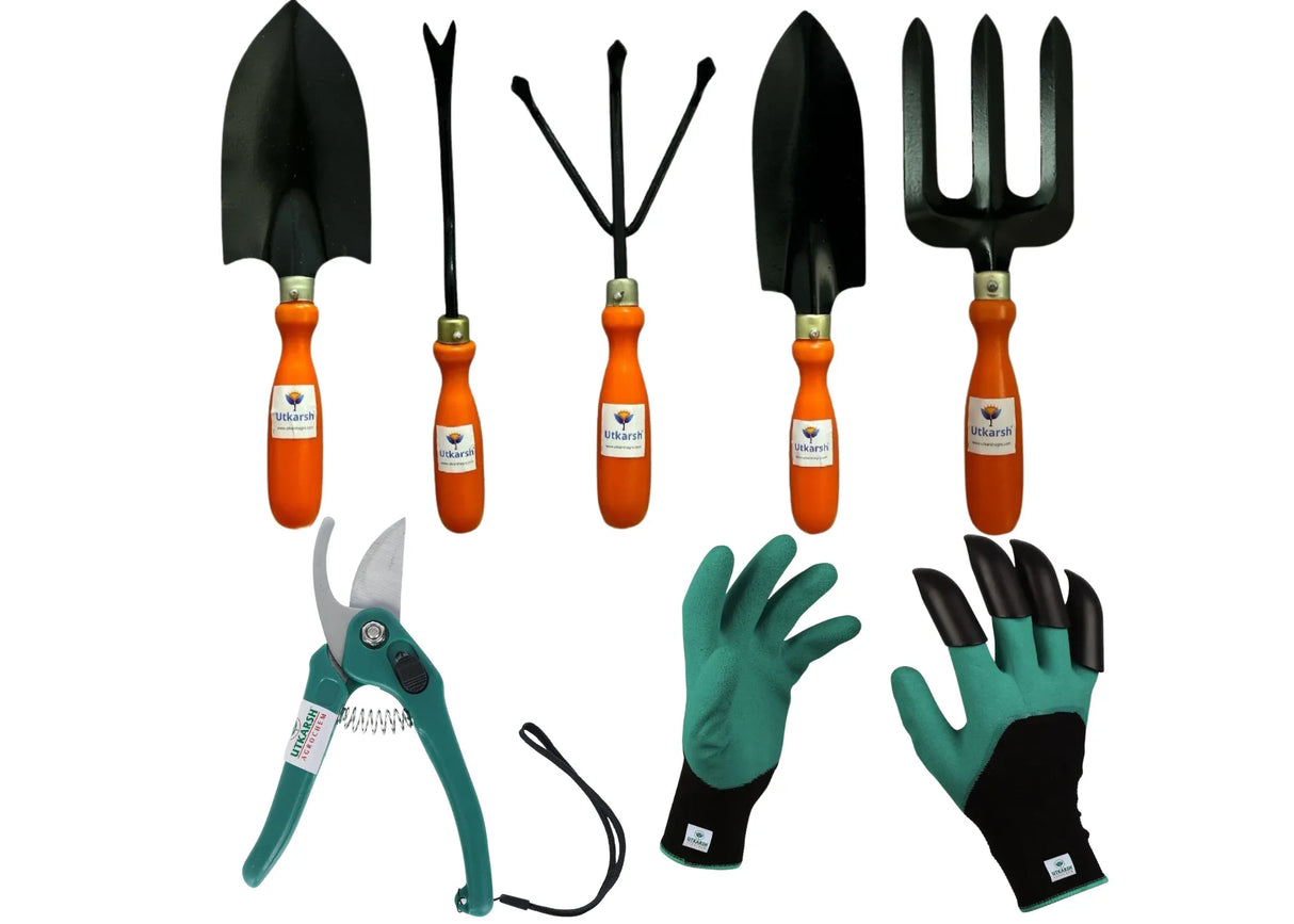 Home Garden Tools: 7 Pcs Gardening Tools Kit - Cultivator, Fork, Trowels, Weeder, ABS Garden Gloves, Pruner Cutter - Durable Stainless Steel Gardening Items for Indoor and Outdoor Use - Utkarsh Agrochem Pvt ltd.
