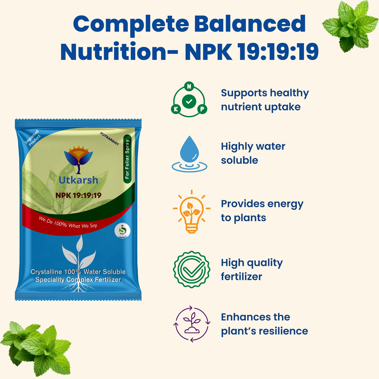 NPK 19 19 19 Fertilizer for Plants Growth | 100% Water Soluble | Complete Plant Food for Home Garden, Boosts Plant Health and Flowering