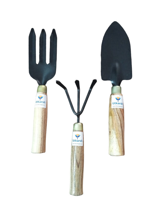 UTKARSH Mini Garden Tools Set- Cultivator, Fork & Trowel | Portable Garden Hand Kit 3 Pieces for Home Gardening | Small Wooden Handle Tools for Pot Transplanting, Planting & Digging | Set of 3 Tools