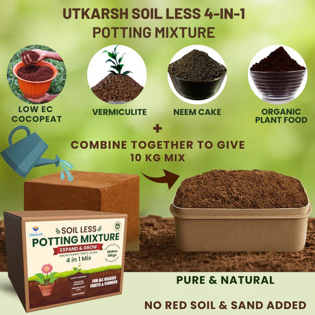 10Kg Soil Less 4 in 1 Potting Mixture - Cocopeat, Exfoliated Vermiculite, Neem Khad, Organic Plant Food | Pot Mix for Home Gardening or Terrace Garden - Utkarsh Agrochem Pvt ltd. 