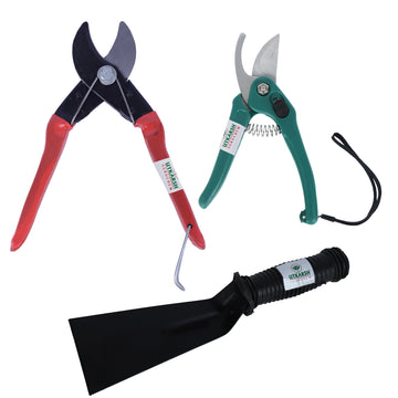 Utkarsh 3" Khurpi, Garden Bypass Pruner Cutters & Anvil Double Cut Secateurs|Rust-free Garden Plant Tools for Soil Tilling, Cutting, Pruning, Digging|Handy Tools for Indoor/Outdoor Gardens, Small Farms|Set of 3 Tools