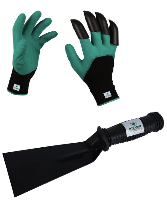 Utkarsh 3 inch Khurpi & Gloves with Right Hand Fingertip ABS Claws for Home Gardening Tools Kit | Essential Handy Planting Tools - Spade for Soil Digging | Terrace Garden Accessories - Set of 2 Items