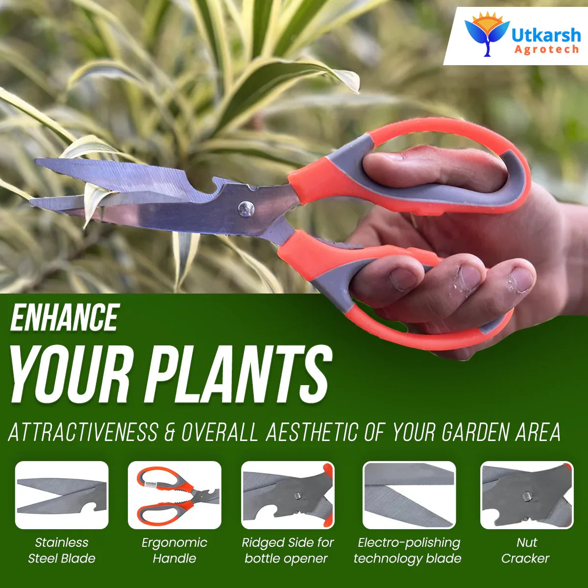 Garden Scissors | Heavy Duty Steel Scissors for Plant Cutting, Pruning, Thinning, and Harvesting | Multifunction Professional Indoor/Outdoor Gardening Scissors | Kitchen Scissors - Utkarsh Agrochem Pvt ltd. 