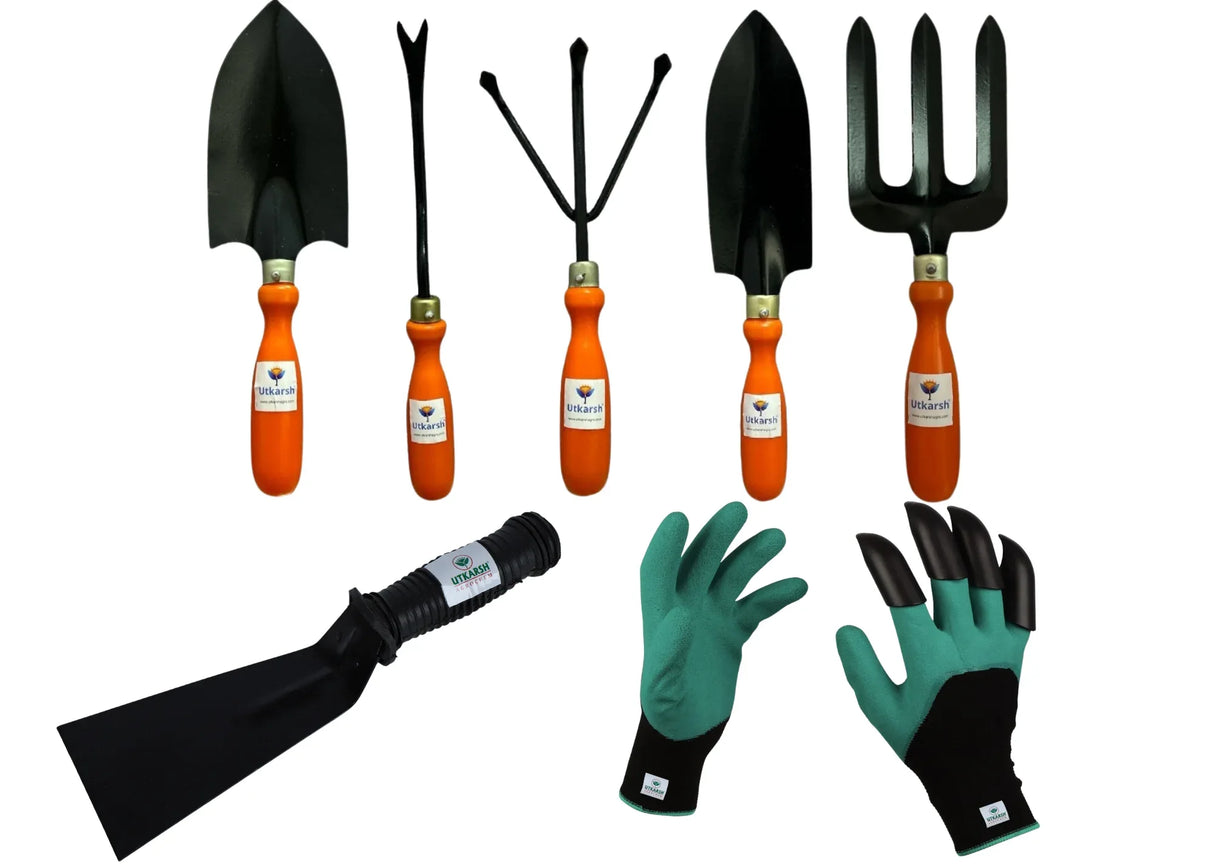 Essential Gardening Hand Tools - 7 pieces | Gardening Tool Set Combo | Durable Home Garden Tool Kit for Soil | Cultivator, Big and Small Trowel, Weeder, Fork, 3 inch Khurpi & ABS Garden Gloves - Utkarsh Agrochem Pvt ltd. 