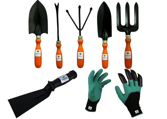 Essential Gardening Hand Tools - 7 pieces | Gardening Tool Set Combo | Durable Home Garden Tool Kit for Soil | Cultivator, Big and Small Trowel, Weeder, Fork, 3 inch Khurpi & ABS Garden Gloves - Utkarsh Agrochem Pvt ltd. 