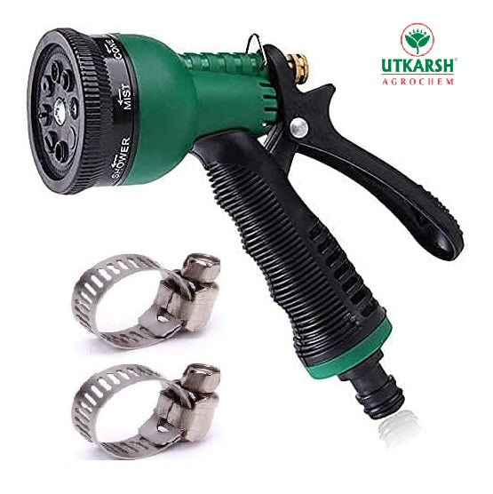 Utkarsh Garden Hose Nozzle Spray Gun with 8 Patterns | High Pressure Nozzles for Gardening, Cleaning, Lawn, Yard, Rugs, Car/Bike, Floor, Walkway & Pets | Anti-Slip Design Ergonomic Grip Nozzle Spray with Leak Proof 2 Pcs Metal Clamps|Green