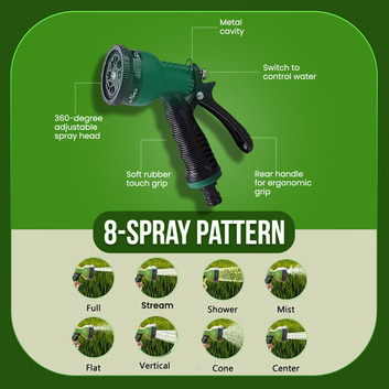 Utkarsh Garden Hose Nozzle Spray Gun with 8 Patterns | High Pressure Nozzles for Gardening, Cleaning, Lawn, Yard, Rugs, Car/Bike, Floor, Walkway & Pets | Anti-Slip Design Ergonomic Grip Nozzle Spray with Leak Proof 2 Pcs Metal Clamps|Green