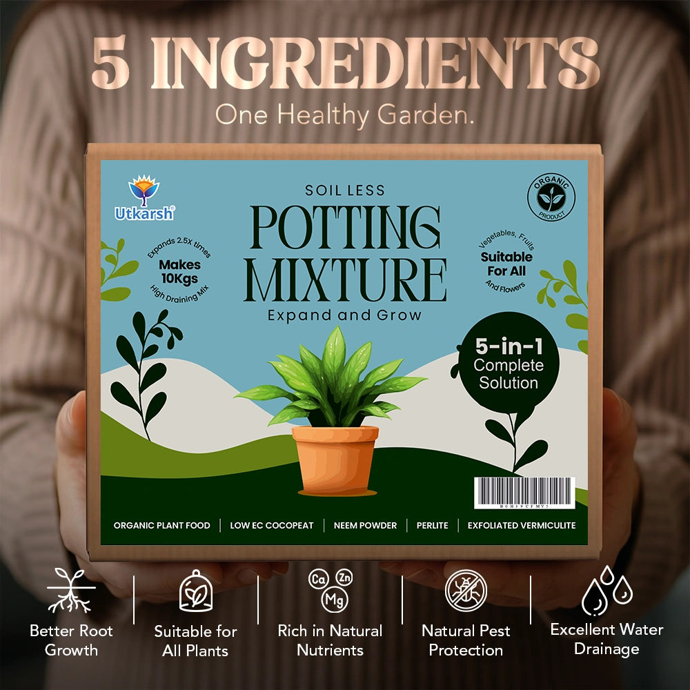 Utkarsh 5-in-1 Soil Less Potting Mixture- Makes 10Kg Fluffy Soil for Plants Home Garden | 3.75 Kg Dry Items- Cocopeat, Vermiculite, Neem Khad, Organic Compost & Perlite - Potting Soil Mix for Plants