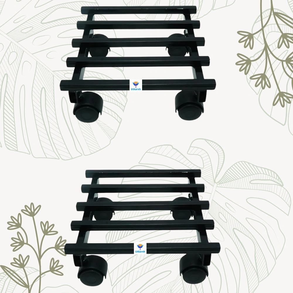 Metal Plant Stand with Wheels | Heavy Duty Pot Holder For Home, Balcony & Garden | Square Metal Flower Pot Trolley For Indoor Outdoor Use | Black