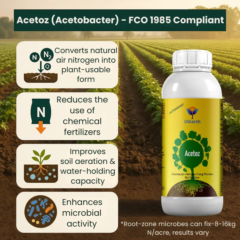 Acetobacter - Nitrogen Fixing Microbes, Liquid Bio Fertilizer for Plants Growth, Enhances Soil Structure & Fertility, Yields & Nutrient Uptake | Acetoz - 20 Litre - Utkarsh Agrochem Pvt ltd. 