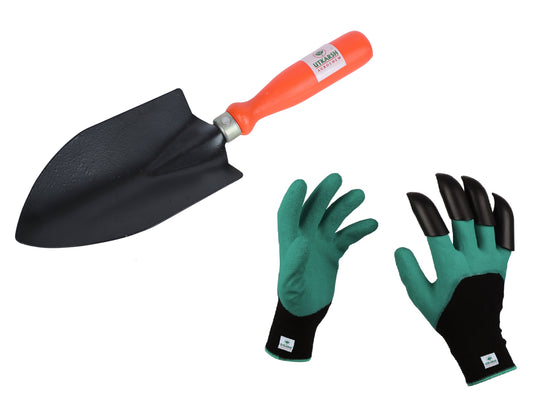 Utkarsh Big Hand Trowel & Gloves with Right Hand Fingertip ABS Claws for Home Gardening Tools Kit | Essential Handy Planting Tools - Spade for Soil Digging | Terrace Garden Accessories- Set of 2 Items