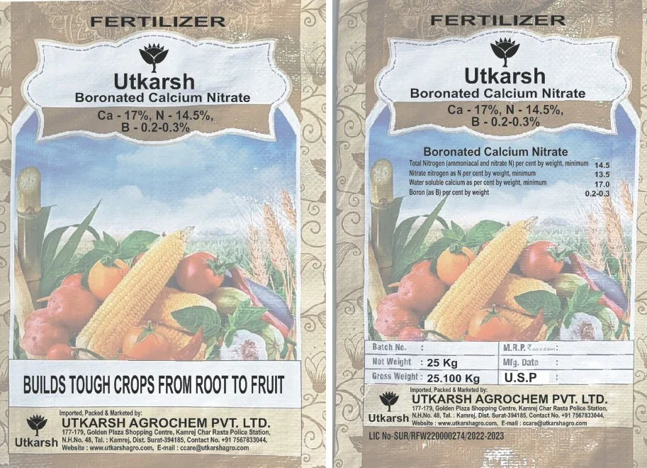 Boronated CAN - Boronated Calcium Nitrate for Plants, 100% Water Soluble Fertilizer, Boosts Healthy Flower and Fruit Growth & Yield in Plants - 25 Kg Bag - Utkarsh Agrochem Pvt ltd. 