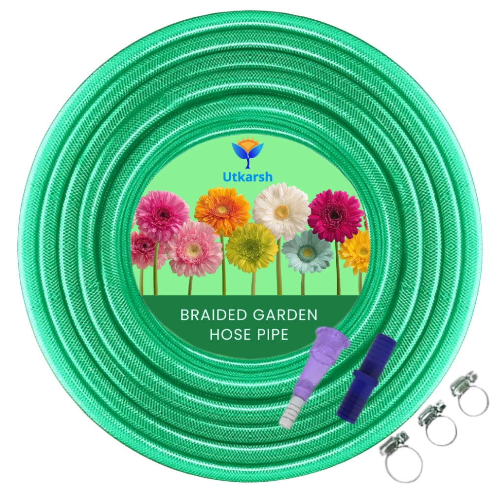 Heavy Duty PVC Braided Green Water Hose Pipe - 0.5 inch Diameter, with 1 Tap Adapter, Connector & 3 Clamps for Garden, Car Wash, Floor Clean, Pet Bath, Easy to Use Indoor/Outdoor