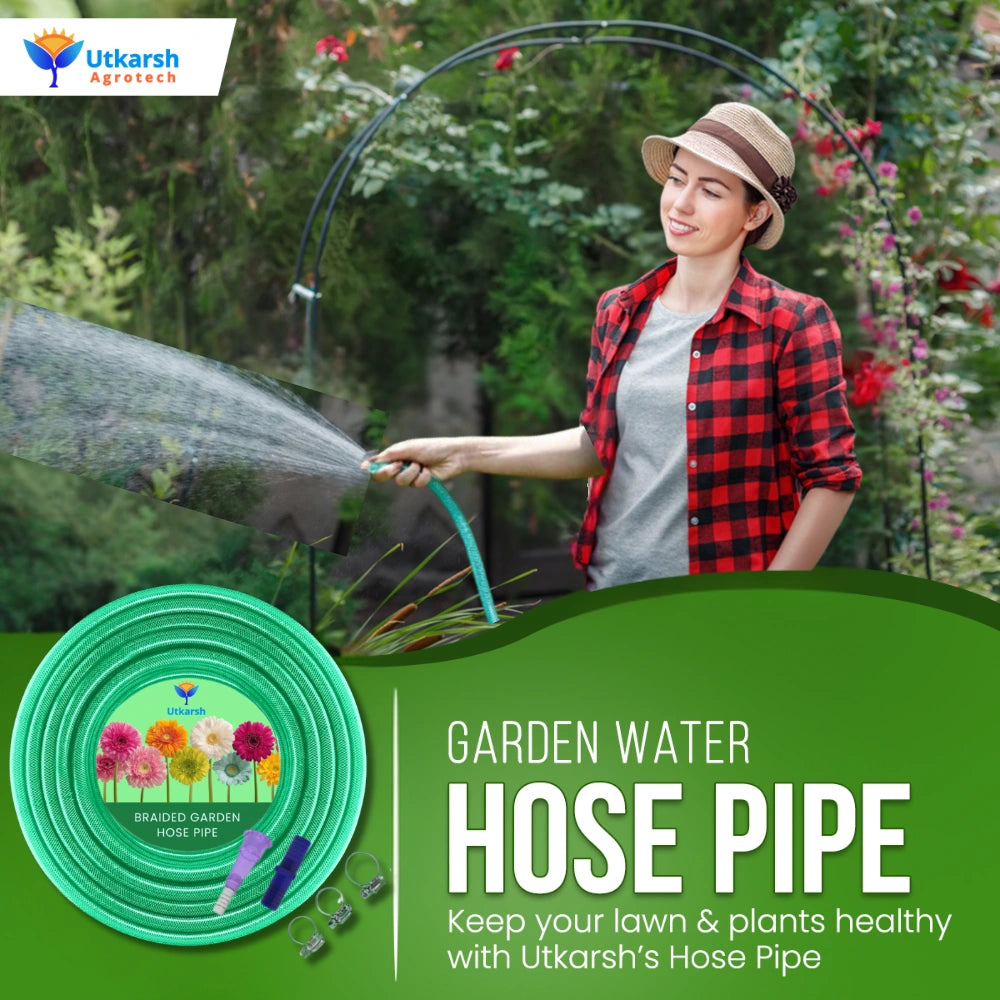 Heavy Duty PVC Braided Green Water Hose Pipe - 0.5 inch Diameter, with 1 Tap Adapter, Connector & 3 Clamps for Garden, Car Wash, Floor Clean, Pet Bath, Easy to Use Indoor/Outdoor