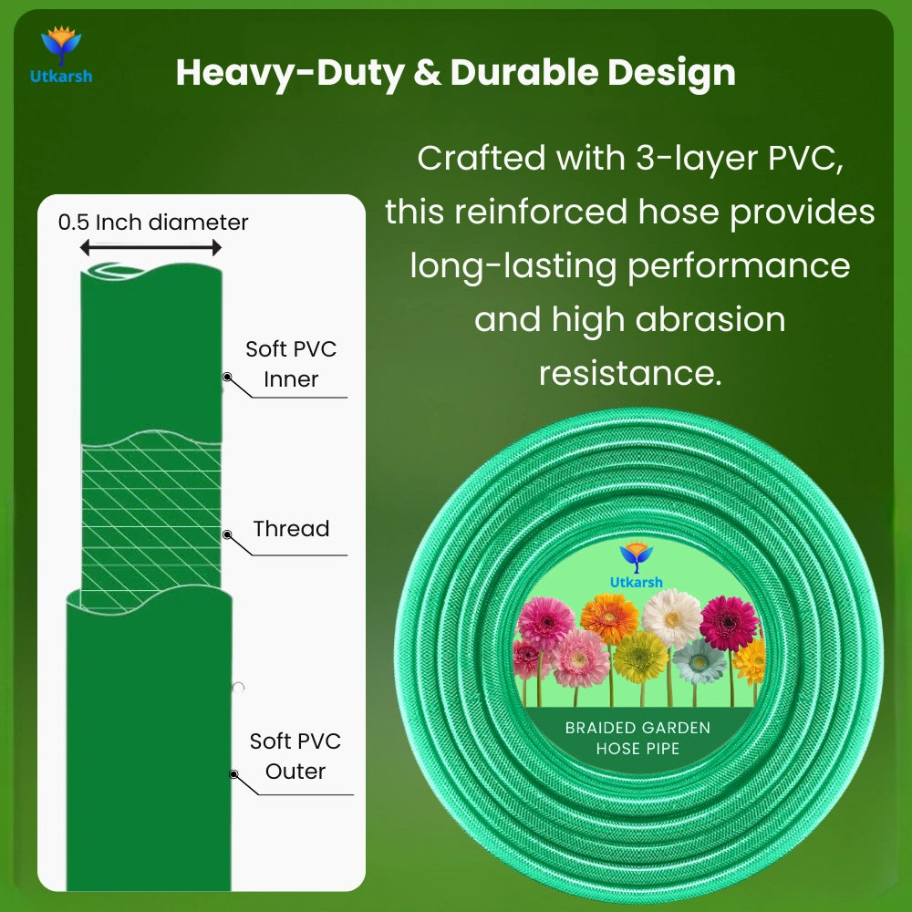Heavy Duty PVC Braided Green Water Hose Pipe - 0.5 inch Diameter, with 1 Tap Adapter, Connector & 3 Clamps for Garden, Car Wash, Floor Clean, Pet Bath, Easy to Use Indoor/Outdoor