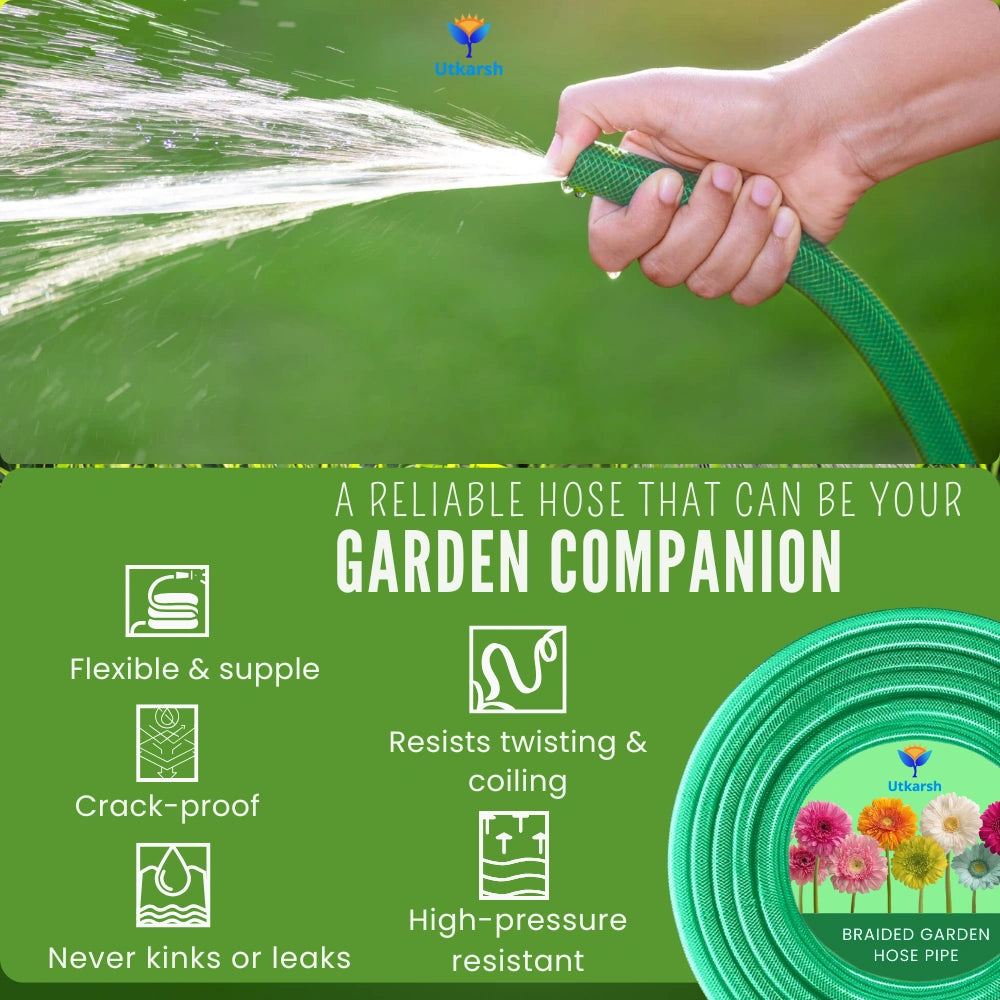 Heavy Duty PVC Braided Green Water Hose Pipe - 0.5 inch Diameter, with 1 Tap Adapter, Connector & 3 Clamps for Garden, Car Wash, Floor Clean, Pet Bath, Easy to Use Indoor/Outdoor
