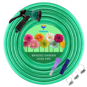 Heavy Duty PVC Braided Green Water Hose Pipe - 0.5 inch Diameter, with 8-Mode Spray Gun, 1 Tap Adapter, Connector & 3 Clamps for Garden, Car Wash, Floor Clean, Pet Bath, Indoor/Outdoor