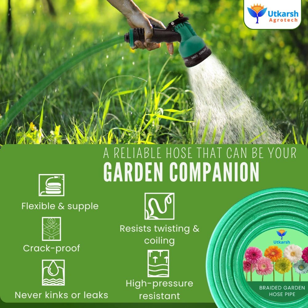 Heavy Duty PVC Braided Green Water Hose Pipe - 0.5 inch Diameter, with 8-Mode Spray Gun, 1 Tap Adapter, Connector & 3 Clamps for Garden, Car Wash, Floor Clean, Pet Bath, Indoor/Outdoor