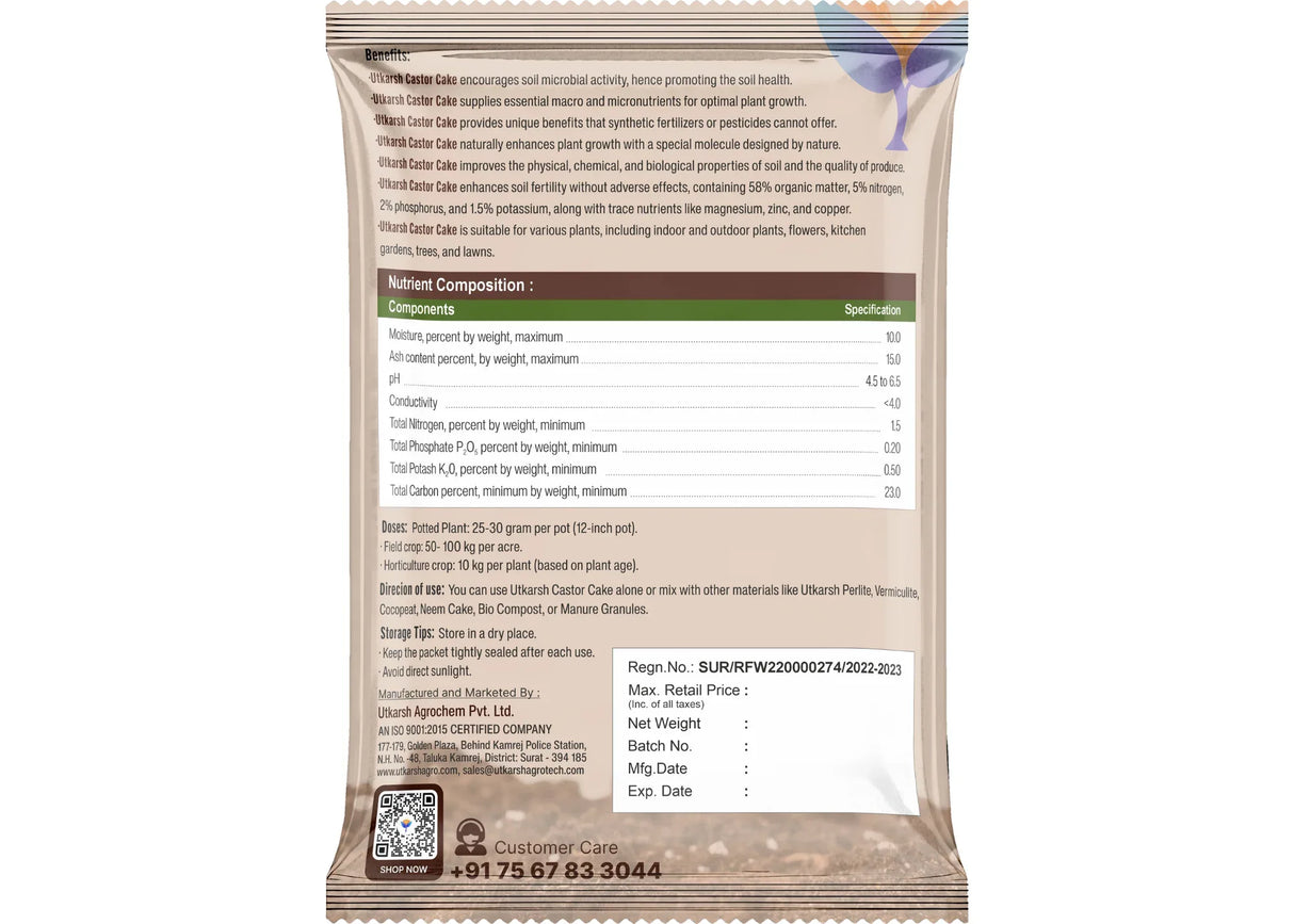 Castor Oil Cake Fertilizer for Plants | Organic Castor Khali Compost Powder for Home Garden, Manure for Flowers, Vegetables & Lawn - Utkarsh Agrochem Pvt ltd. 