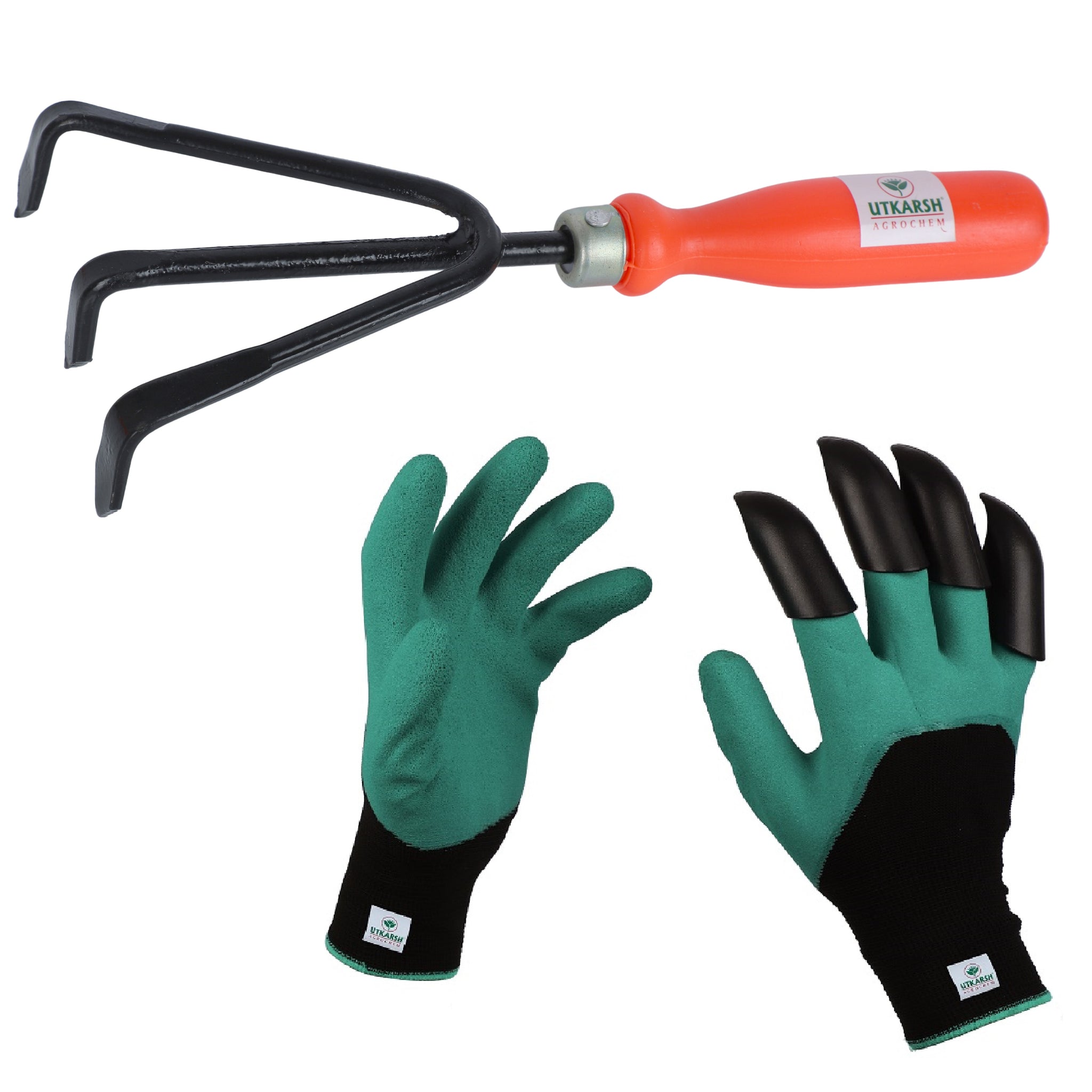 Utkarsh Cultivator & Gloves with Right Hand Fingertip ABS Claws for Home Gardening Tools Kit | Essential Handy Planting Tools - Spade/Rake for Soil Digging | Terrace Garden Accessories -Set of 2 Items