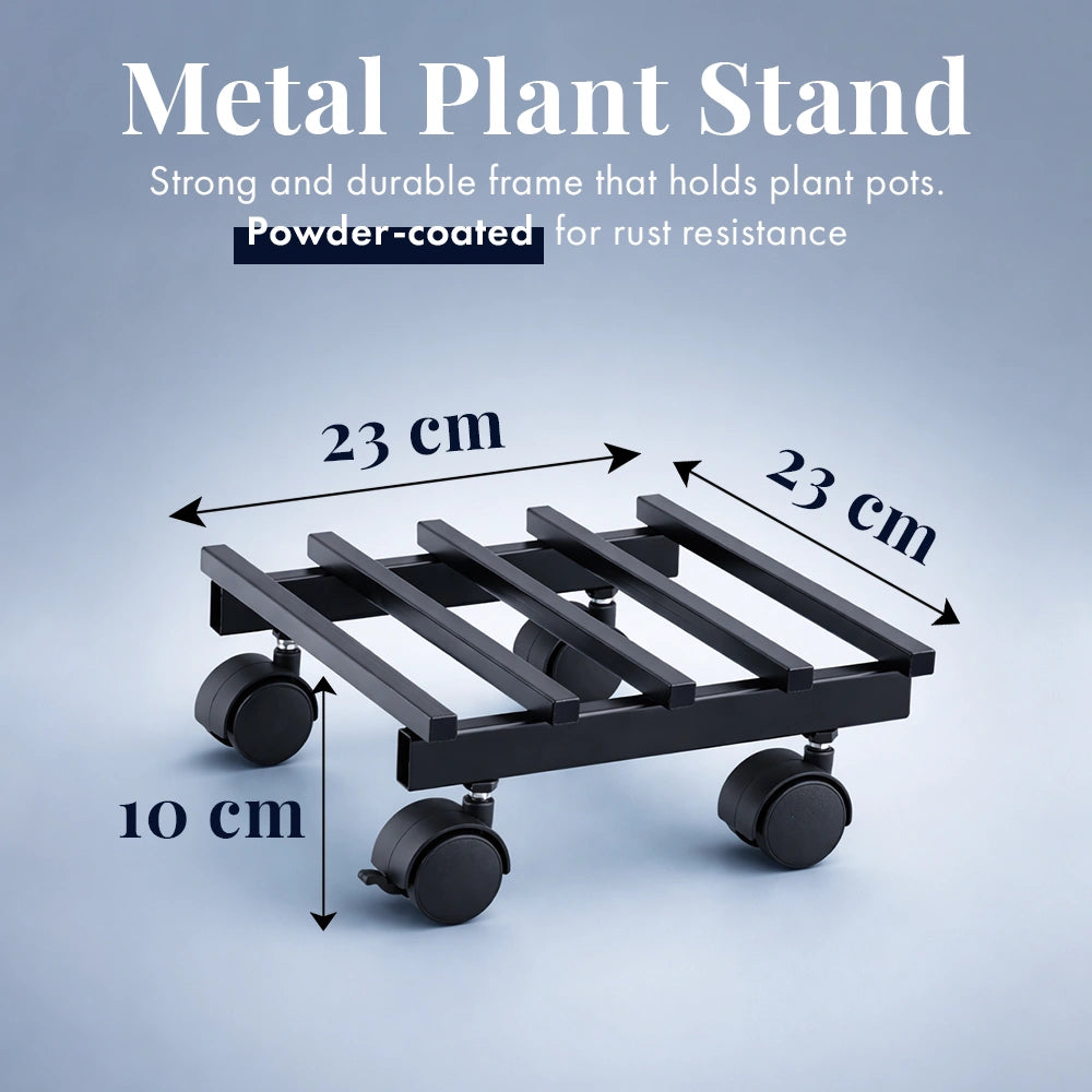 Metal Plant Stand with Wheels | Heavy Duty Pot Holder For Home, Balcony & Garden | Square Metal Flower Pot Trolley For Indoor Outdoor Use | Black