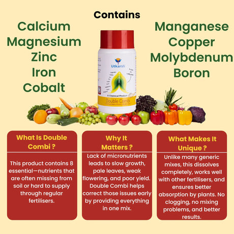 Double Combi - EDTA Chelated Mix - Calcium, Magnesium, Iron, Zinc, Boron, Copper, Cobalt, Manganese, Molybdenum (100 % Water Soluble Chemical for Foliar Spray) - Utkarsh Agrochem Pvt ltd. 