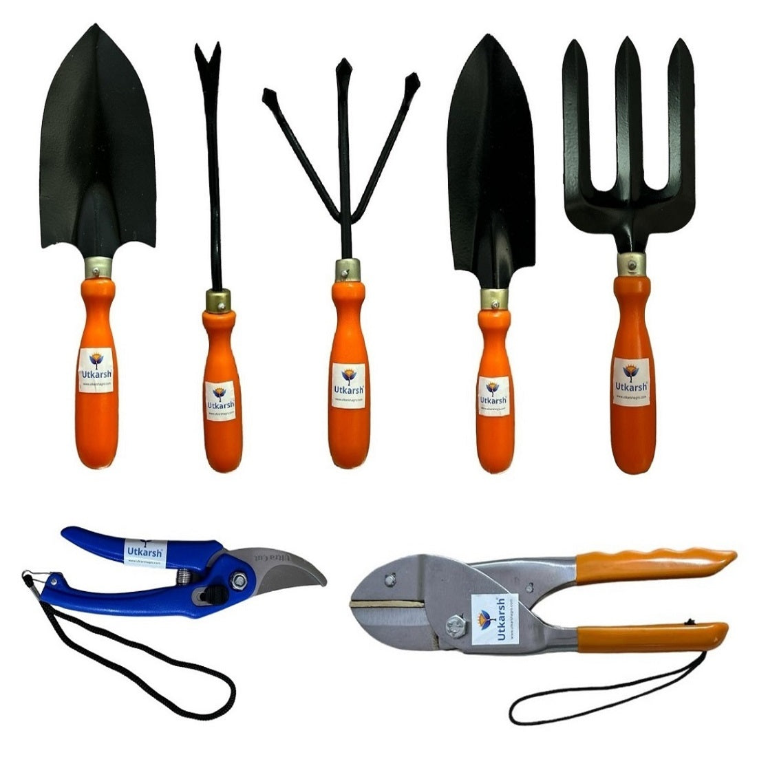 Utkarsh Garden Pruner Cutters, Roll Cut Secateurs, Big & Small Hand Trowels, i Weeder, Cultivator, Fork for Indoor/Outdoor Gardening Tools Set | Durable Home Garden Tools Combo - Pack of 7 Tools