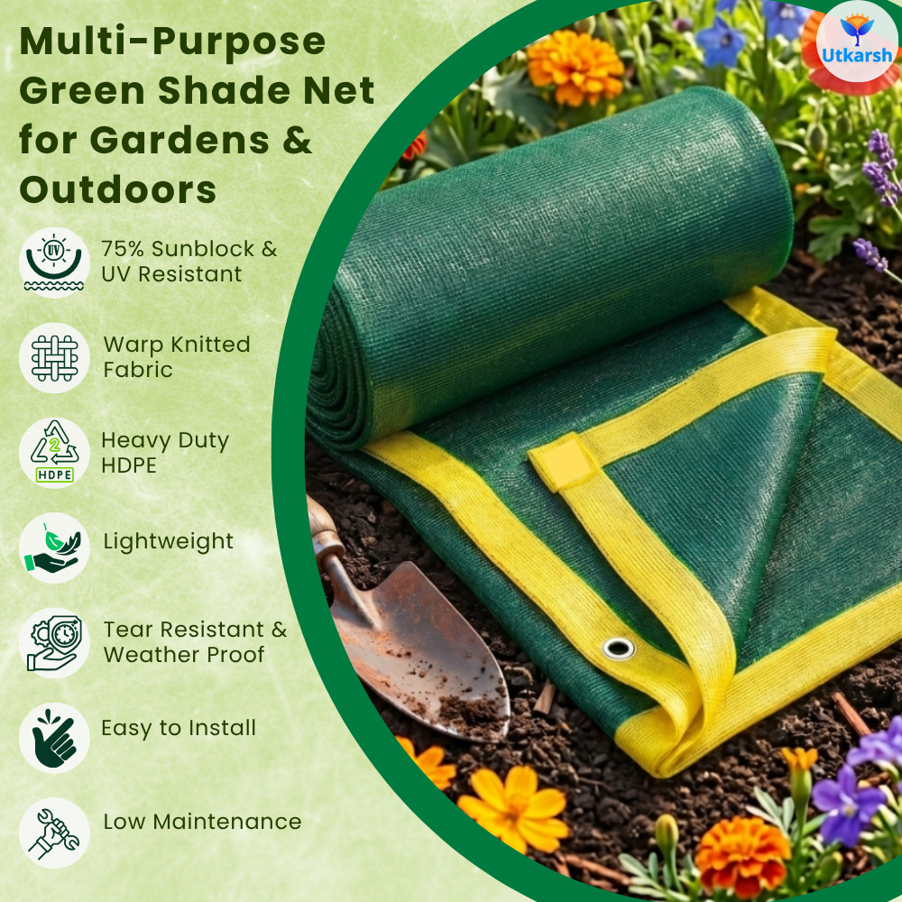 Green Shade Net – 75% UV Protection | Multipurpose Agro Net for Terrace, Garden, Greenhouse & Balcony | Protection from Sun | Indoor & Outdoor Use