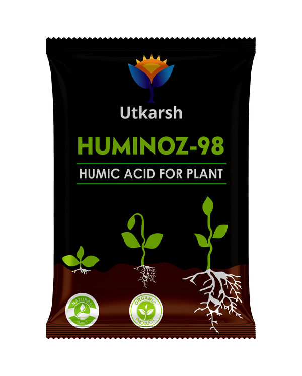 Black packaging for "Utkarsh Huminoz-98" with colorful logo. Features plant growth stages and white roots. Includes "Natural" and "Organic" labels.